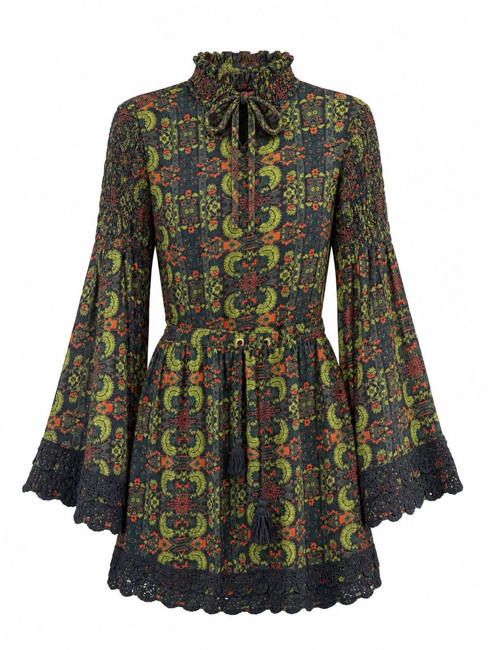 Sea Gypsies Boho Paisley Bell Sleeve Mini Dress Lace Open Back Size XS Romantic
